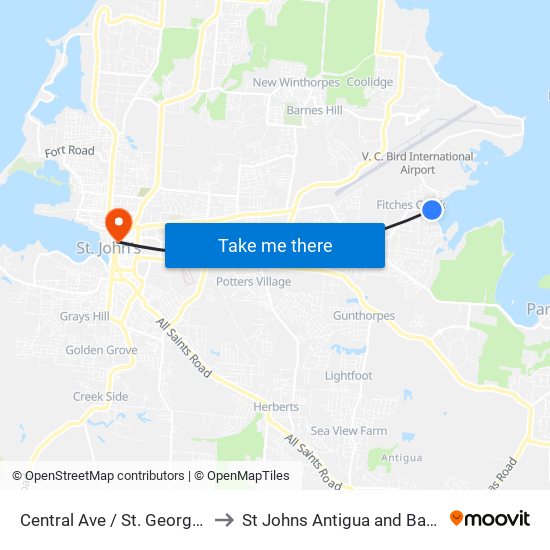 Central Ave / St. Georges Rd to St Johns Antigua and Barbuda map