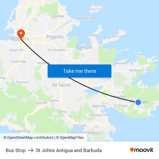 Bus Stop to St Johns Antigua and Barbuda map