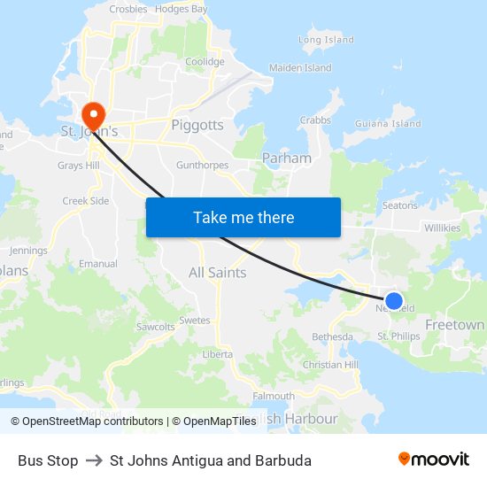 Bus Stop to St Johns Antigua and Barbuda map