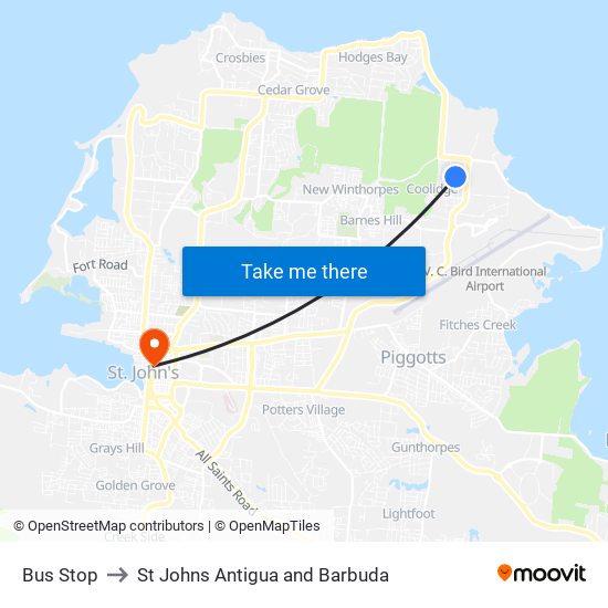 Bus Stop to St Johns Antigua and Barbuda map