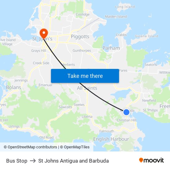 Bus Stop to St Johns Antigua and Barbuda map