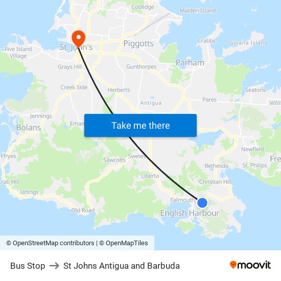 Bus Stop to St Johns Antigua and Barbuda map