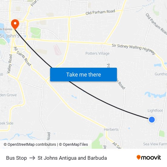 Bus Stop to St Johns Antigua and Barbuda map