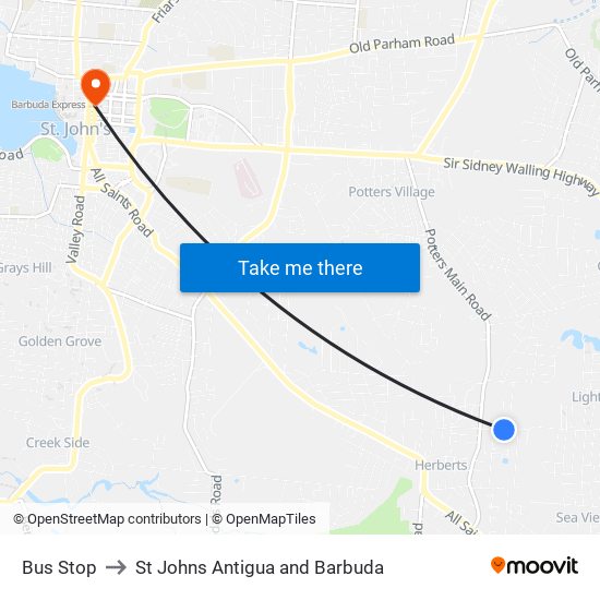 Bus Stop to St Johns Antigua and Barbuda map