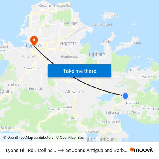 Lyons Hill Rd / Collins Rd to St Johns Antigua and Barbuda map