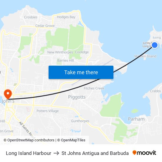 Long Island Harbour to St Johns Antigua and Barbuda map