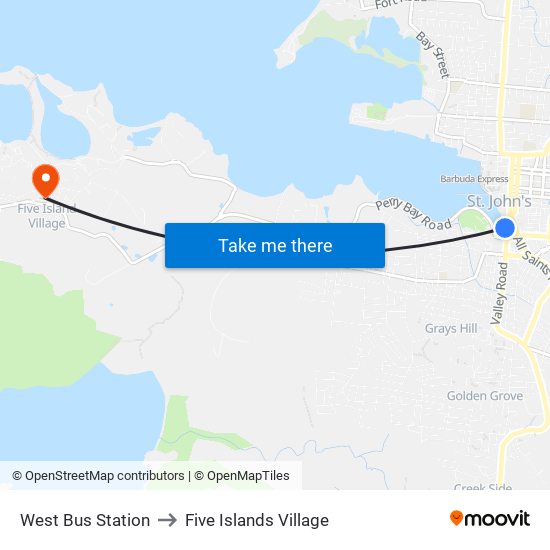 West Bus Station to Five Islands Village map