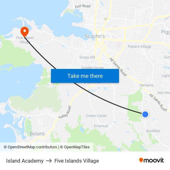 Island Academy to Five Islands Village map