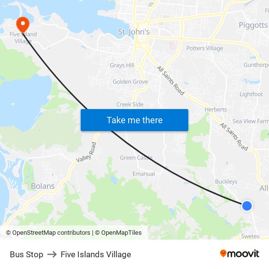 Bus Stop to Five Islands Village map