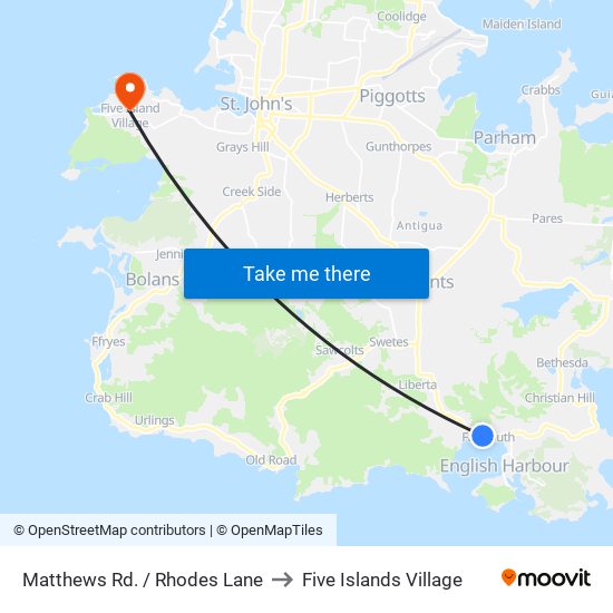 Matthews Rd. / Rhodes Lane to Five Islands Village map