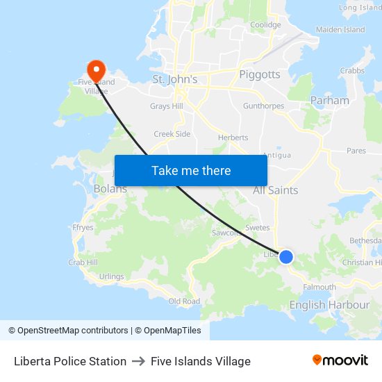 Liberta Police Station to Five Islands Village map