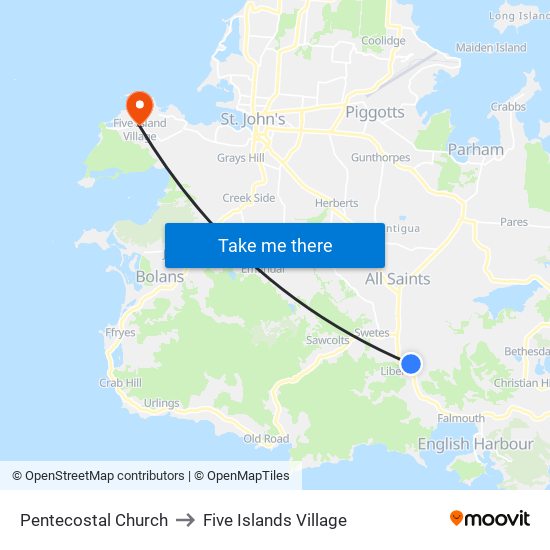 Pentecostal Church to Five Islands Village map