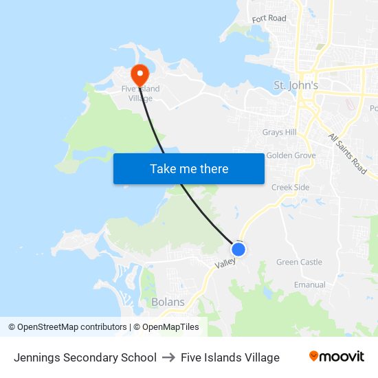 Jennings Secondary School to Five Islands Village map