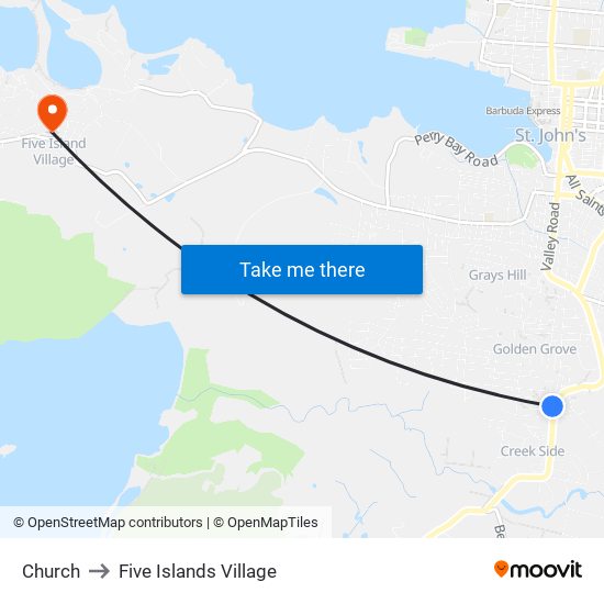 Church to Five Islands Village map