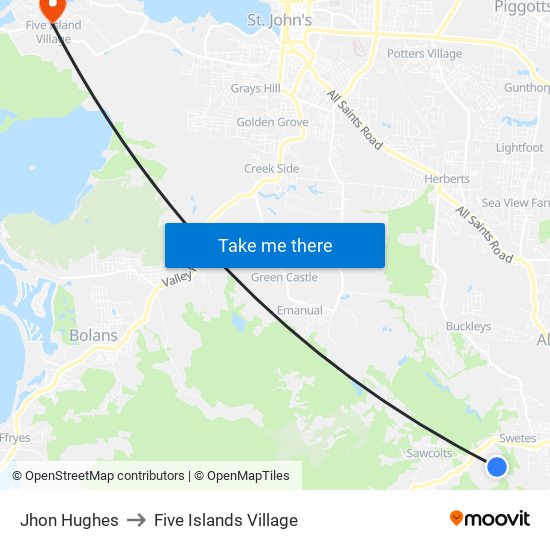 Jhon Hughes to Five Islands Village map