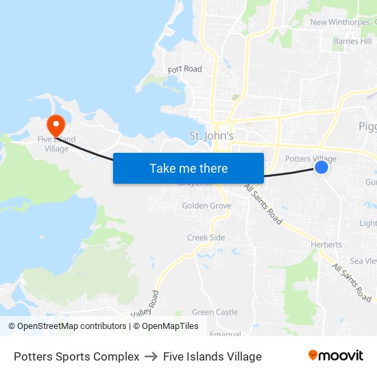 Potters Sports Complex to Five Islands Village map