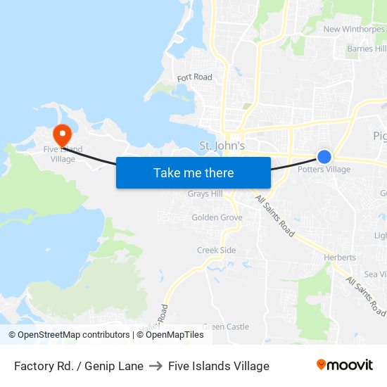 Factory Rd. / Genip Lane to Five Islands Village map
