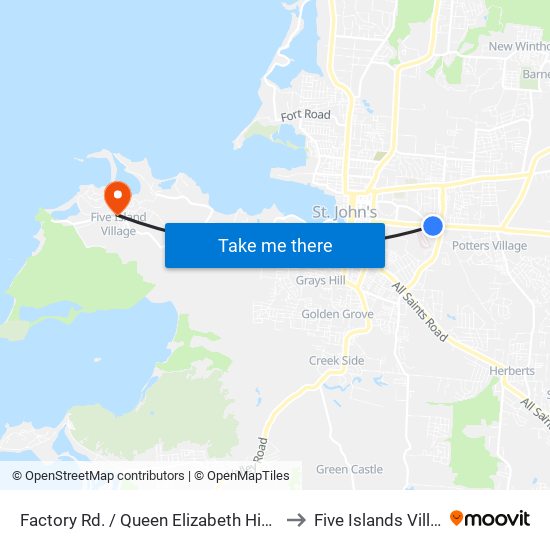 Factory Rd. / Queen Elizabeth Highway to Five Islands Village map