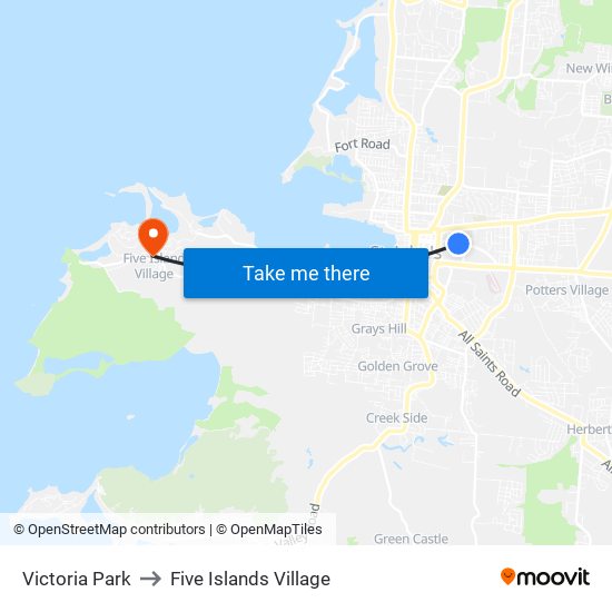 Victoria Park to Five Islands Village map