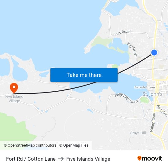 Fort Rd / Cotton Lane to Five Islands Village map