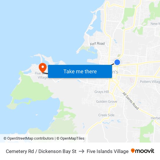 Cemetery Rd / Dickenson Bay St to Five Islands Village map