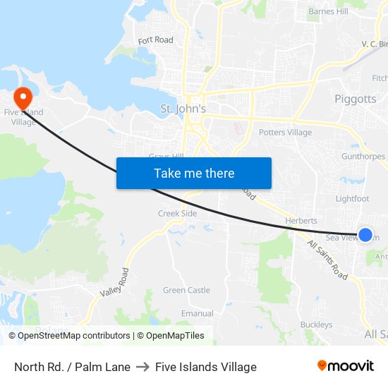 North Rd. / Palm Lane to Five Islands Village map