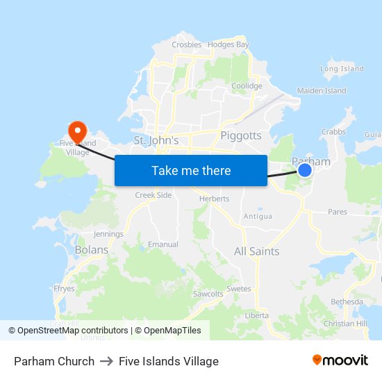 Parham Church to Five Islands Village map