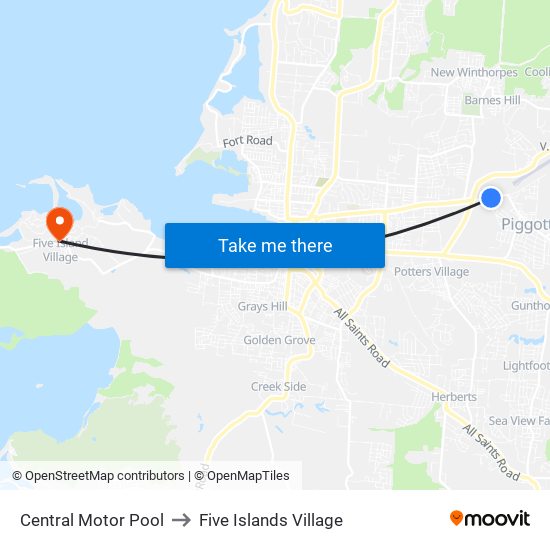 Central Motor Pool to Five Islands Village map