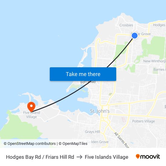 Hodges Bay Rd / Friars Hill Rd to Five Islands Village map