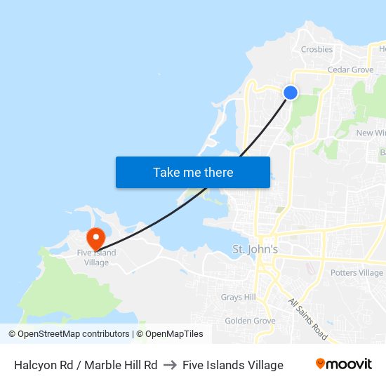 Halcyon Rd / Marble Hill Rd to Five Islands Village map