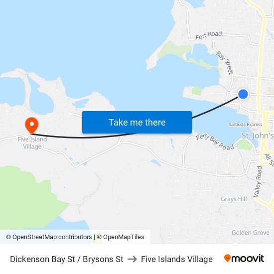 Dickenson Bay St / Brysons St to Five Islands Village map