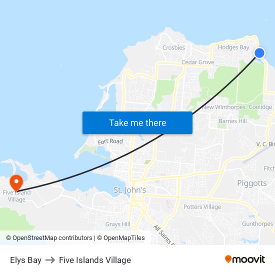 Elys Bay to Five Islands Village map