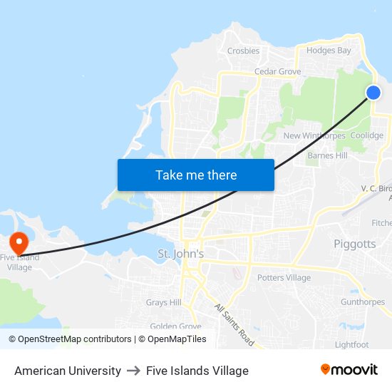 American University to Five Islands Village map