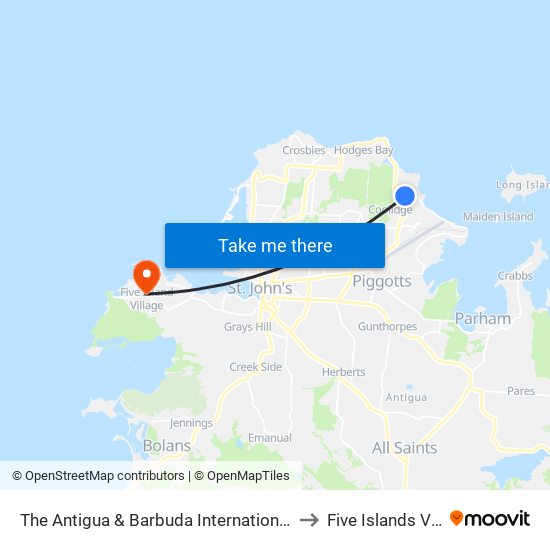 The Antigua & Barbuda International Institute to Five Islands Village map