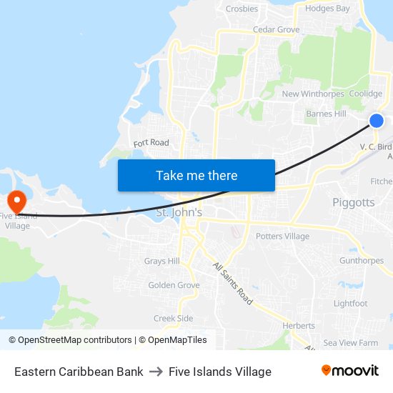 Eastern Caribbean Bank to Five Islands Village map