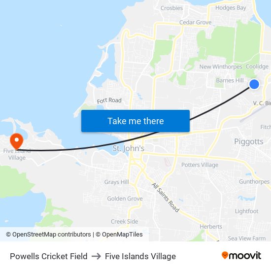 Powells Cricket Field to Five Islands Village map