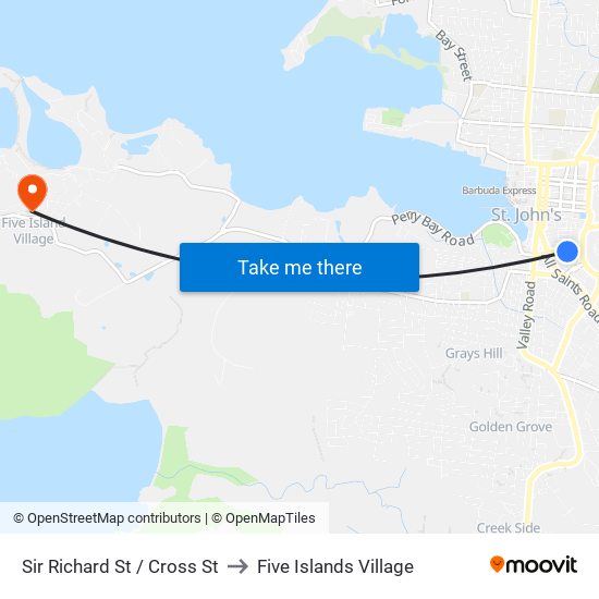 Sir Richard St / Cross St to Five Islands Village map