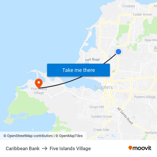 Caribbean Bank to Five Islands Village map