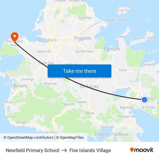 Newfield Primary School to Five Islands Village map