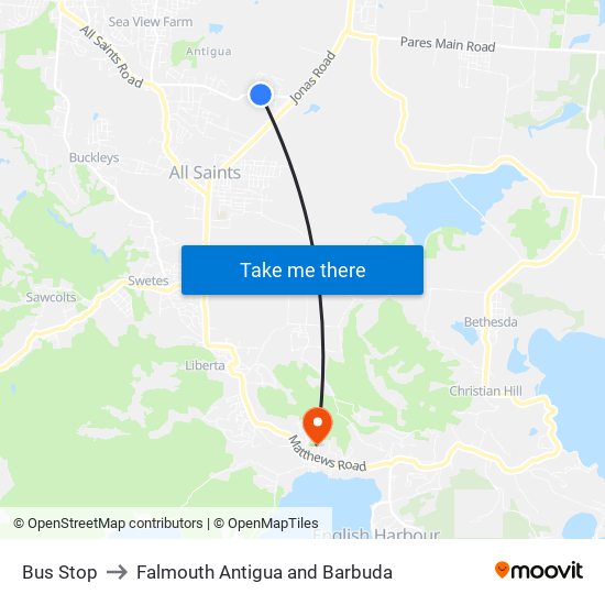 Bus Stop to Falmouth Antigua and Barbuda map