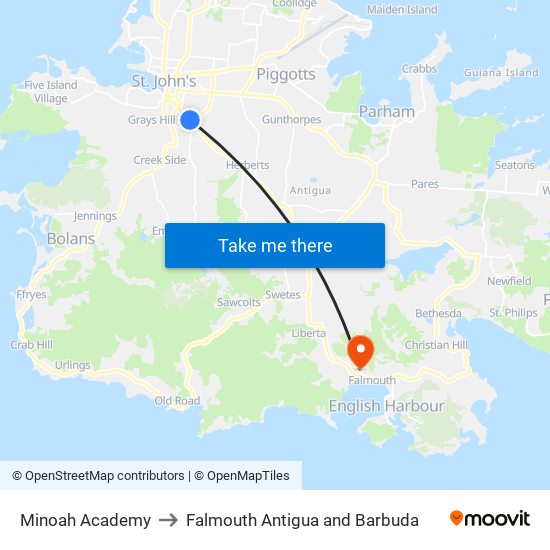 Minoah Academy to Falmouth Antigua and Barbuda map