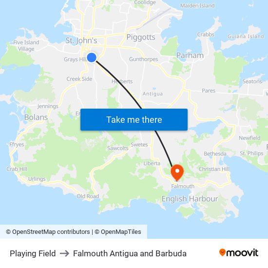 Playing Field to Falmouth Antigua and Barbuda map