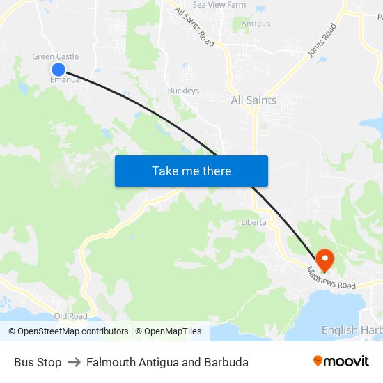 Bus Stop to Falmouth Antigua and Barbuda map