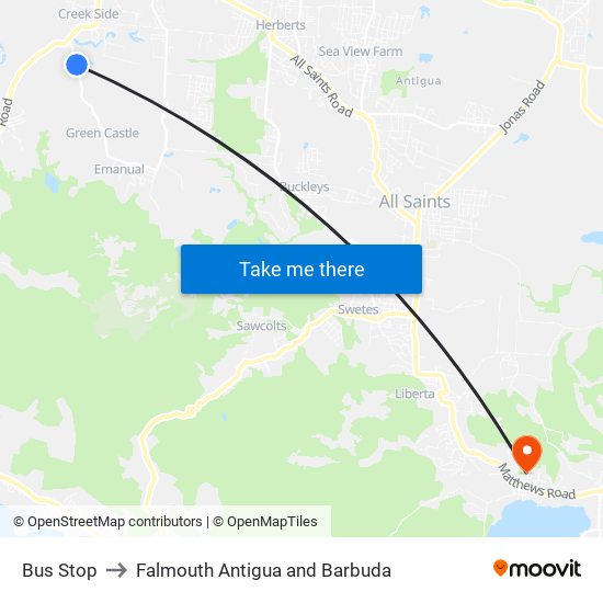 Bus Stop to Falmouth Antigua and Barbuda map