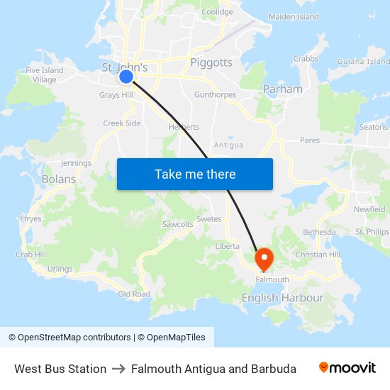 West Bus Station to Falmouth Antigua and Barbuda map