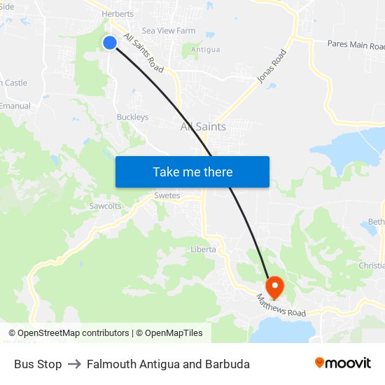 Bus Stop to Falmouth Antigua and Barbuda map