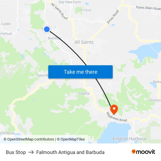 Bus Stop to Falmouth Antigua and Barbuda map