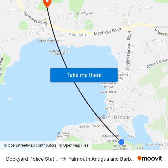 Dockyard Police Station to Falmouth Antigua and Barbuda map