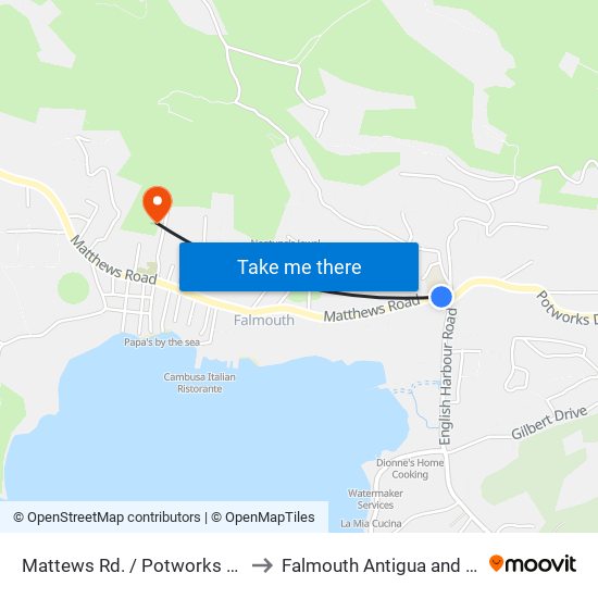 Mattews Rd. / Potworks Dam Dve. to Falmouth Antigua and Barbuda map