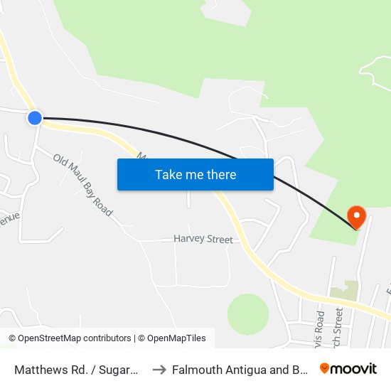 Matthews Rd. / Sugarmill Rd. to Falmouth Antigua and Barbuda map